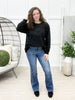 Dear Scarlett Daydream Daze sweater in Black Ice featuring a fuzzy textured knit, metallic shimmer, crew neckline, and relaxed fit.