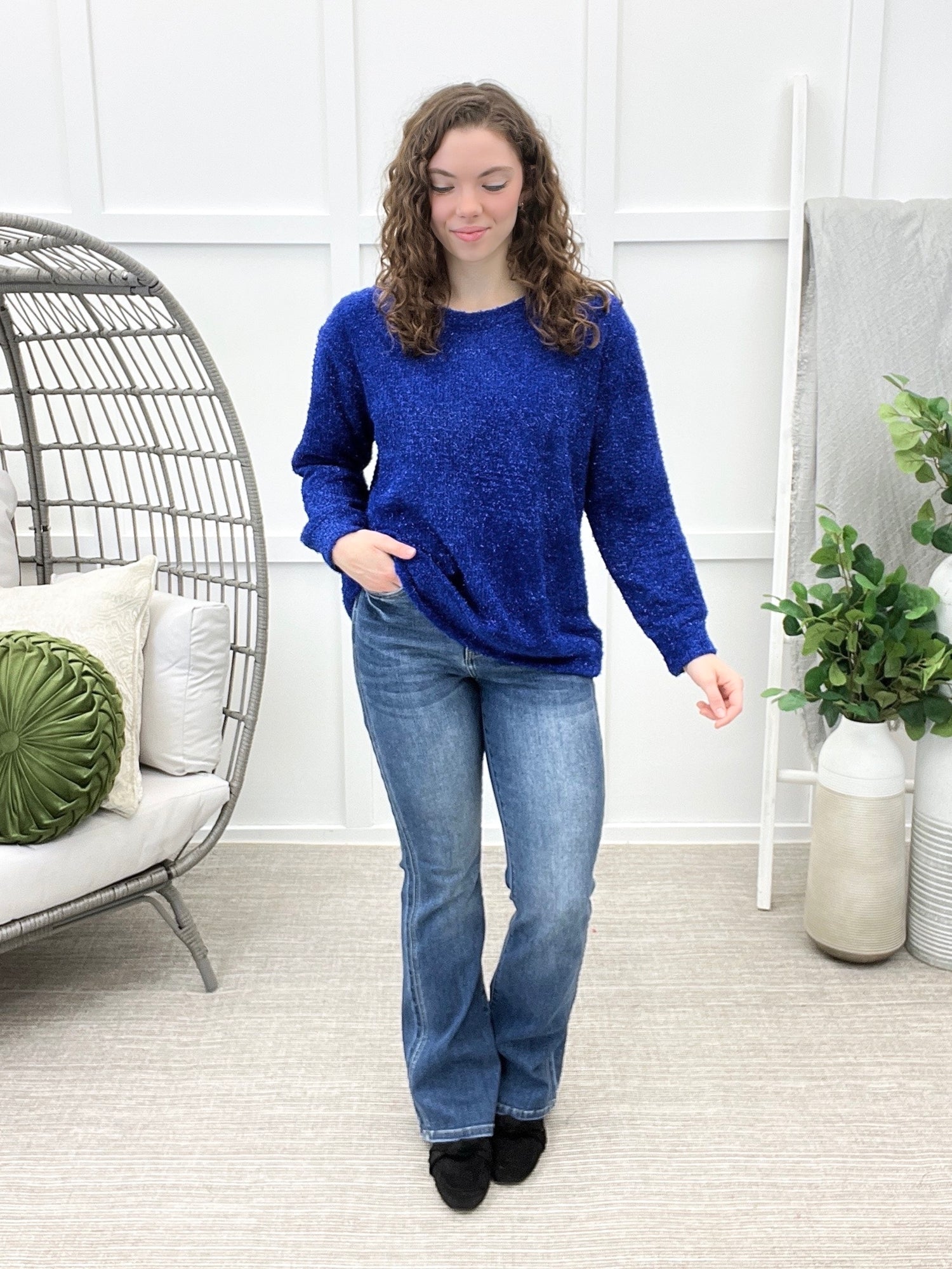 Dear Scarlett Daydream Daze sweater in Cobalt Blue featuring a fuzzy textured knit, metallic shimmer, crew neckline, and long sleeves.