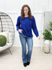 Dear Scarlett Daydream Daze sweater in Cobalt Blue featuring a fuzzy textured knit, metallic shimmer, crew neckline, and long sleeves.