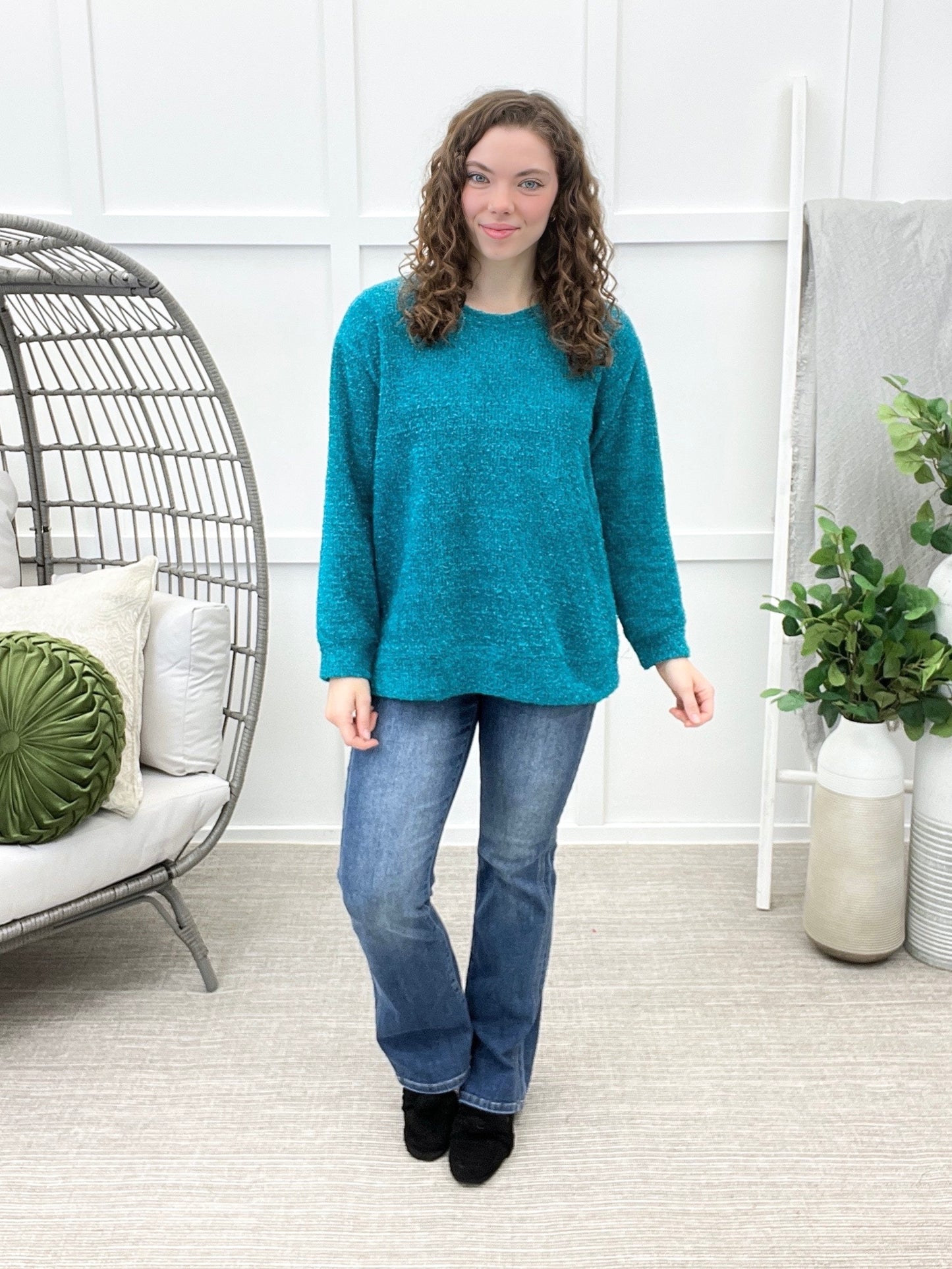 Dear Scarlett Daydream Daze sweater in Teal Glow featuring a fuzzy textured knit, metallic shimmer, crew neckline, and relaxed fit.