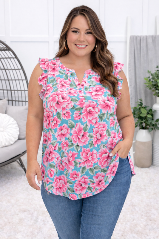 Dear Scarlett Women's Turquoise & Pink Floral Flutter Sleeve Lizzy Top