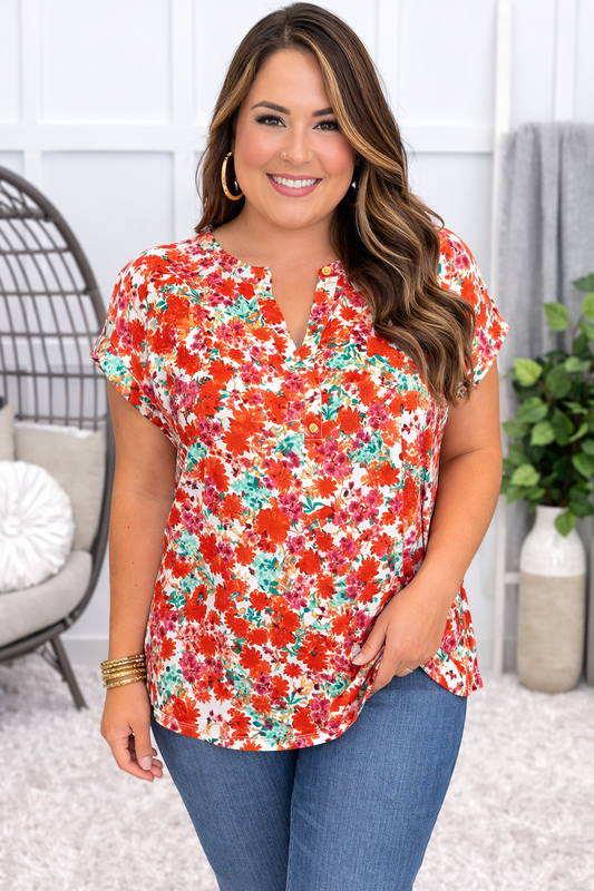 Dear Scarlett Women's Ivory Multi Color Floral Print Short Sleeve Lizzy Top