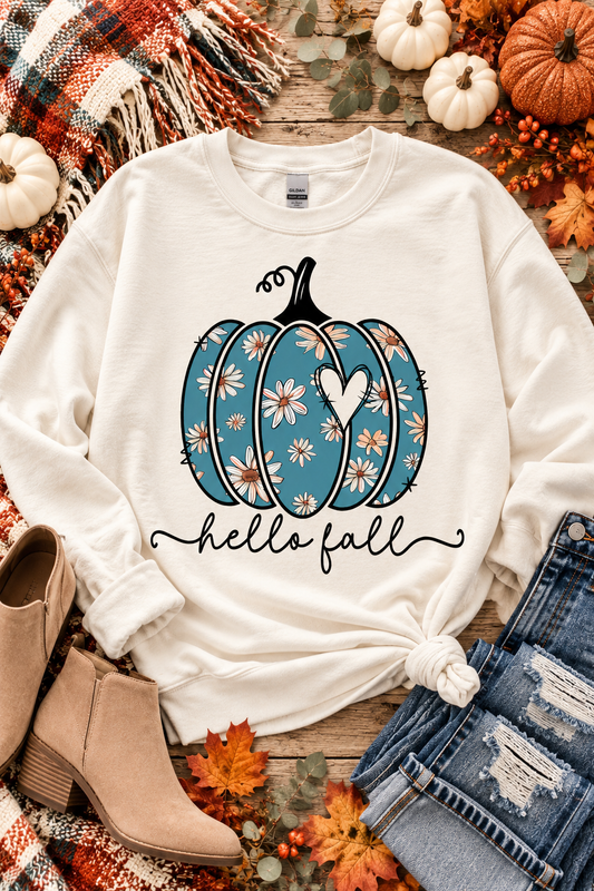 “Hello Fall” Daisy Days Pumpkin Graphic Sweatshirt