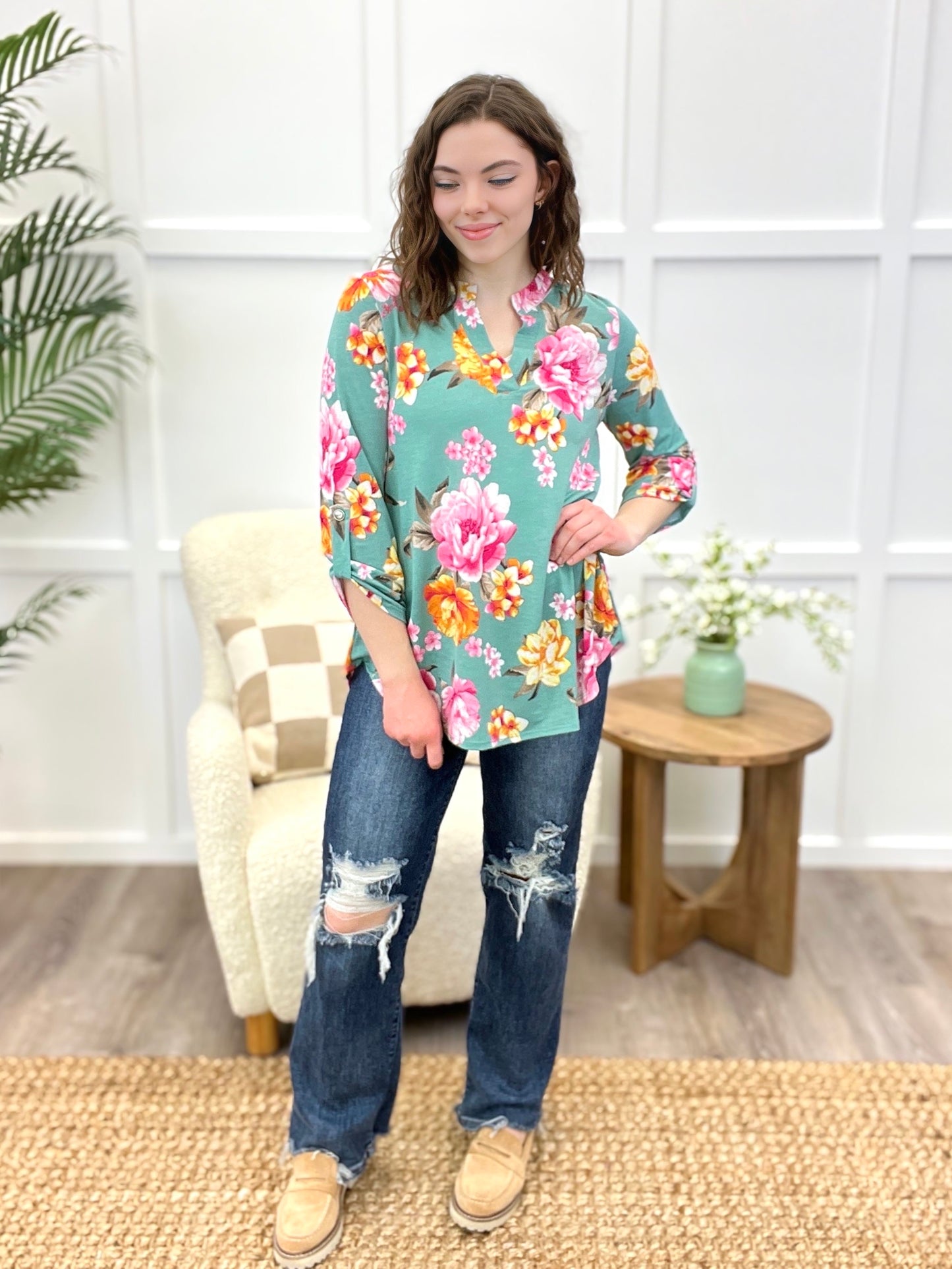 Dear Scarlett Floral Serenity Sage Tunic Top