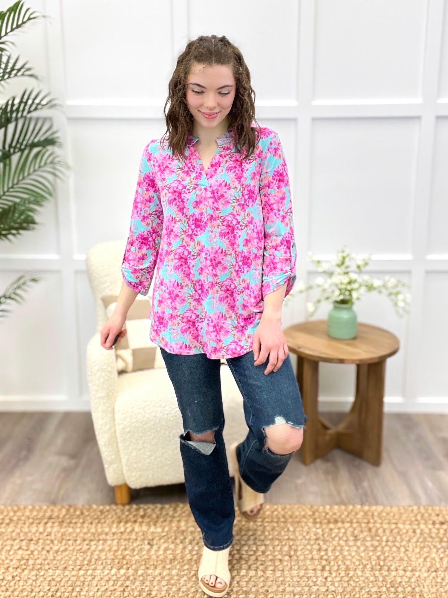 Dear Scarlett Pink Blossom Aqua Floral Tunic Top