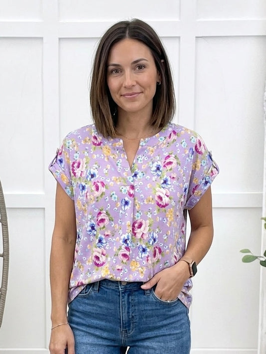 Dear Scarlett Women's Lavender Floral Print Short Sleeve Lizzy Top