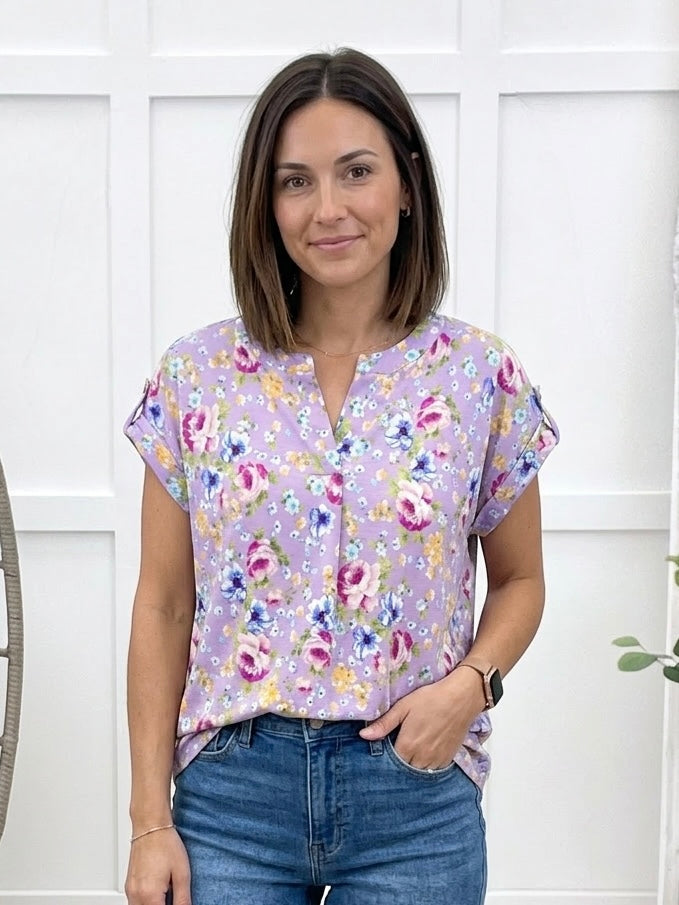 Dear Scarlett Women's Lavender Floral Print Short Sleeve Lizzy Top