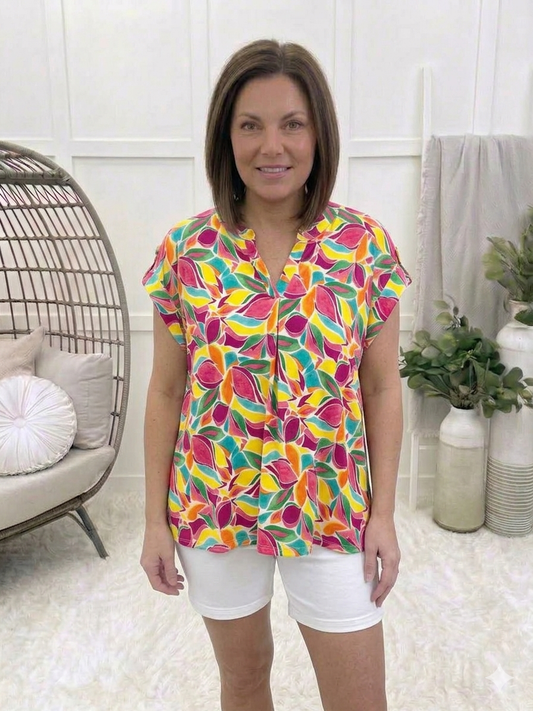 Dear Scarlett Women's Multi Color Leaf Print Short Sleeve Lizzy Top
