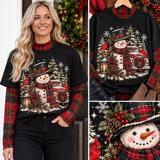 Snowman & Cardinals Plaid Winter Wishes