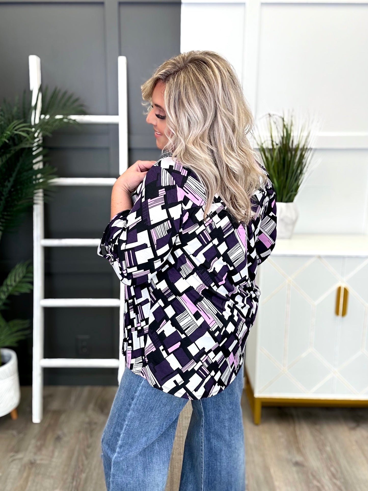 Dear Scarlett Women's Purple Multi Color Geometric Print Lizzy Top