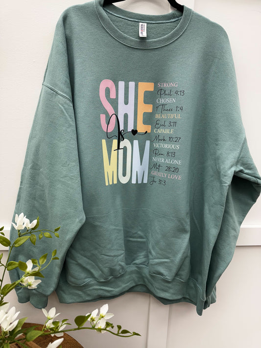 She Is Mom Multiple Scripture Graphic Tee