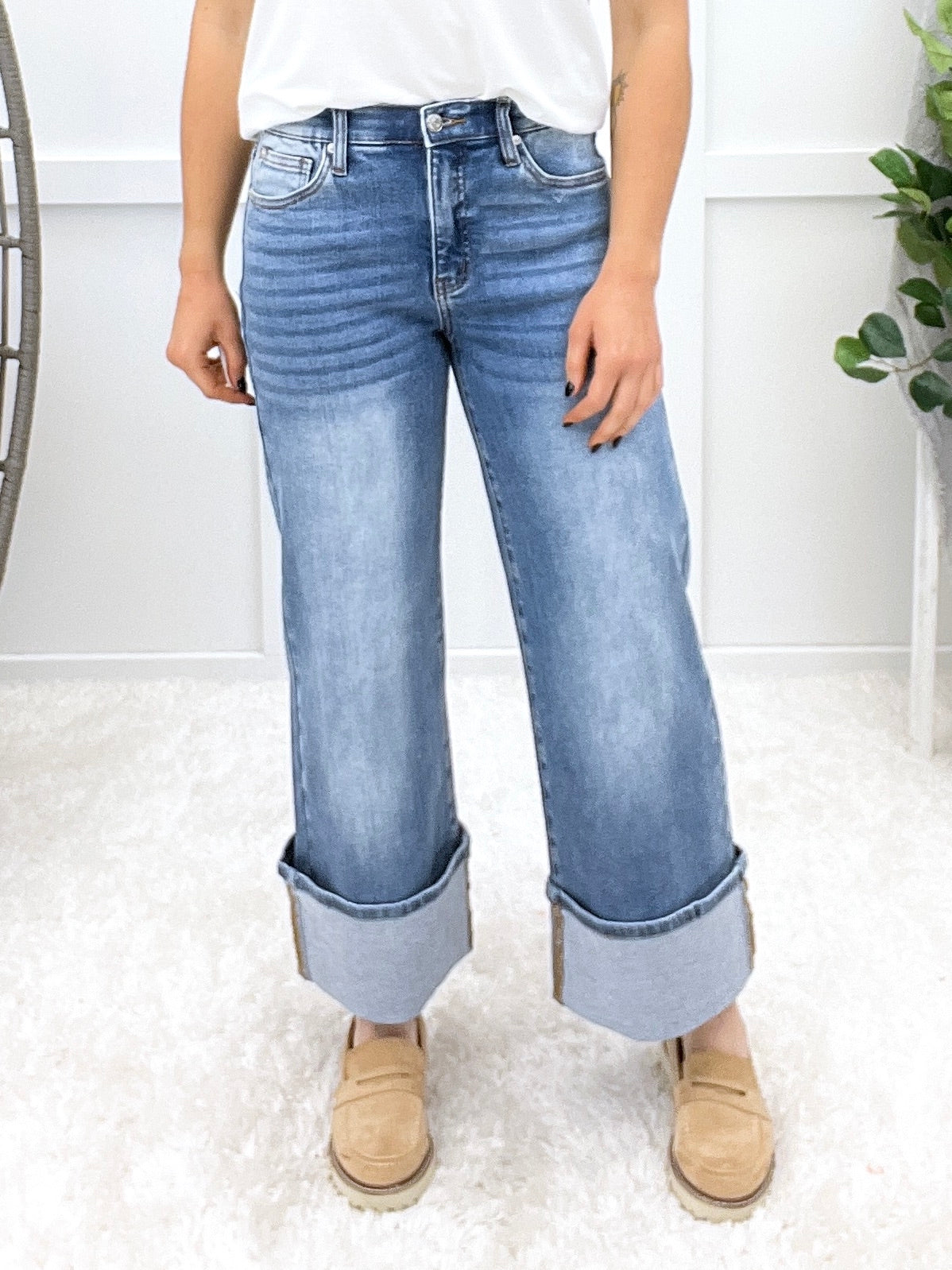 The Blake From Saige Mid Rise Cuffed Wide Leg Jeans