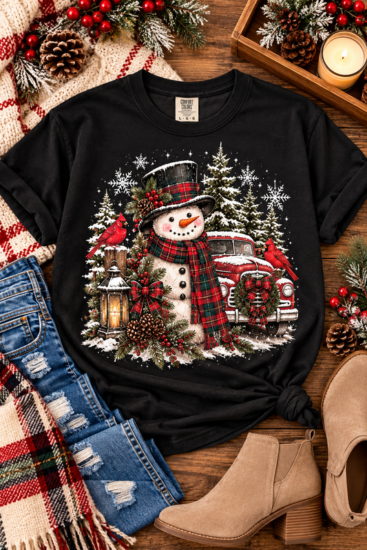 Snowman & Cardinals Plaid Winter Wishes