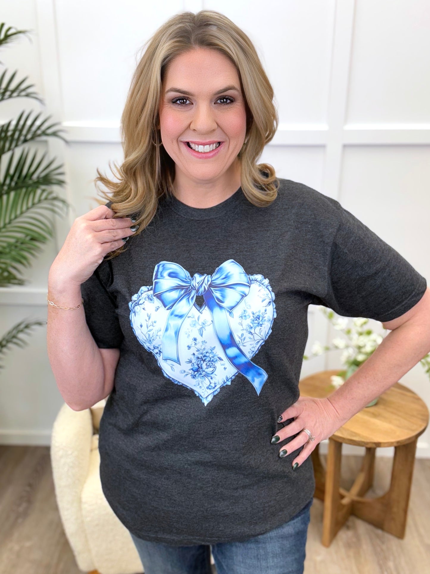 Floral Heart With Blue Bow Graphic Tee