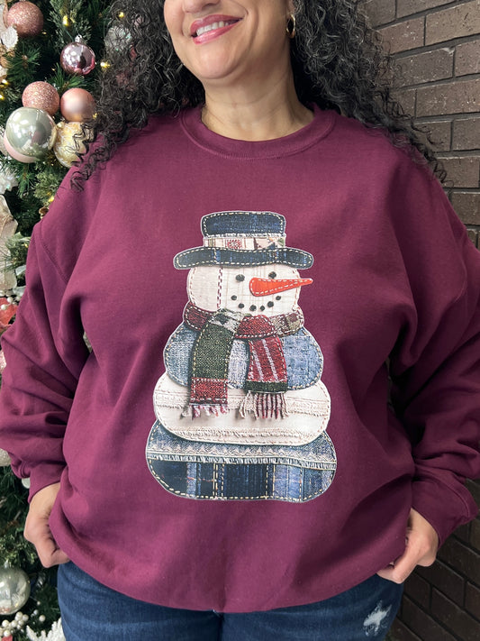 Denim Patchwork Snowman Graphic Sweatshirt