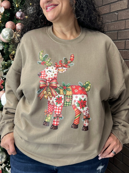 Patchwork Quilt Reindeer Graphic Sweatshirt