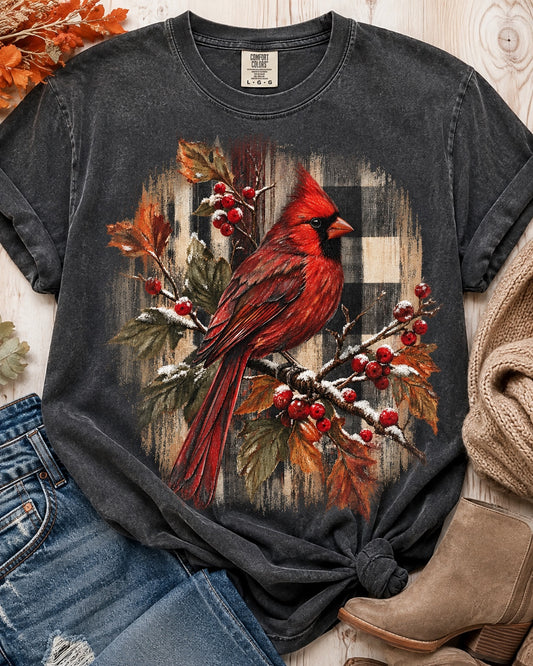 Winter Cardinal Plaid Graphic Tee on Charcoal Comfort Colors
