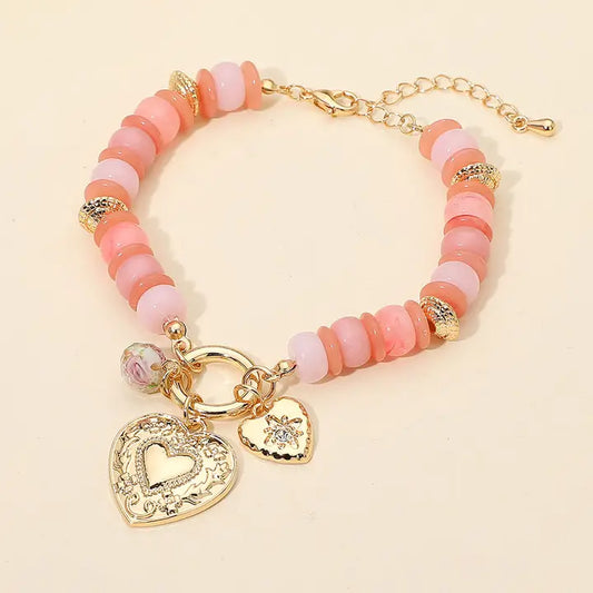 Heart Floral Ball Charm Beaded Bracelet